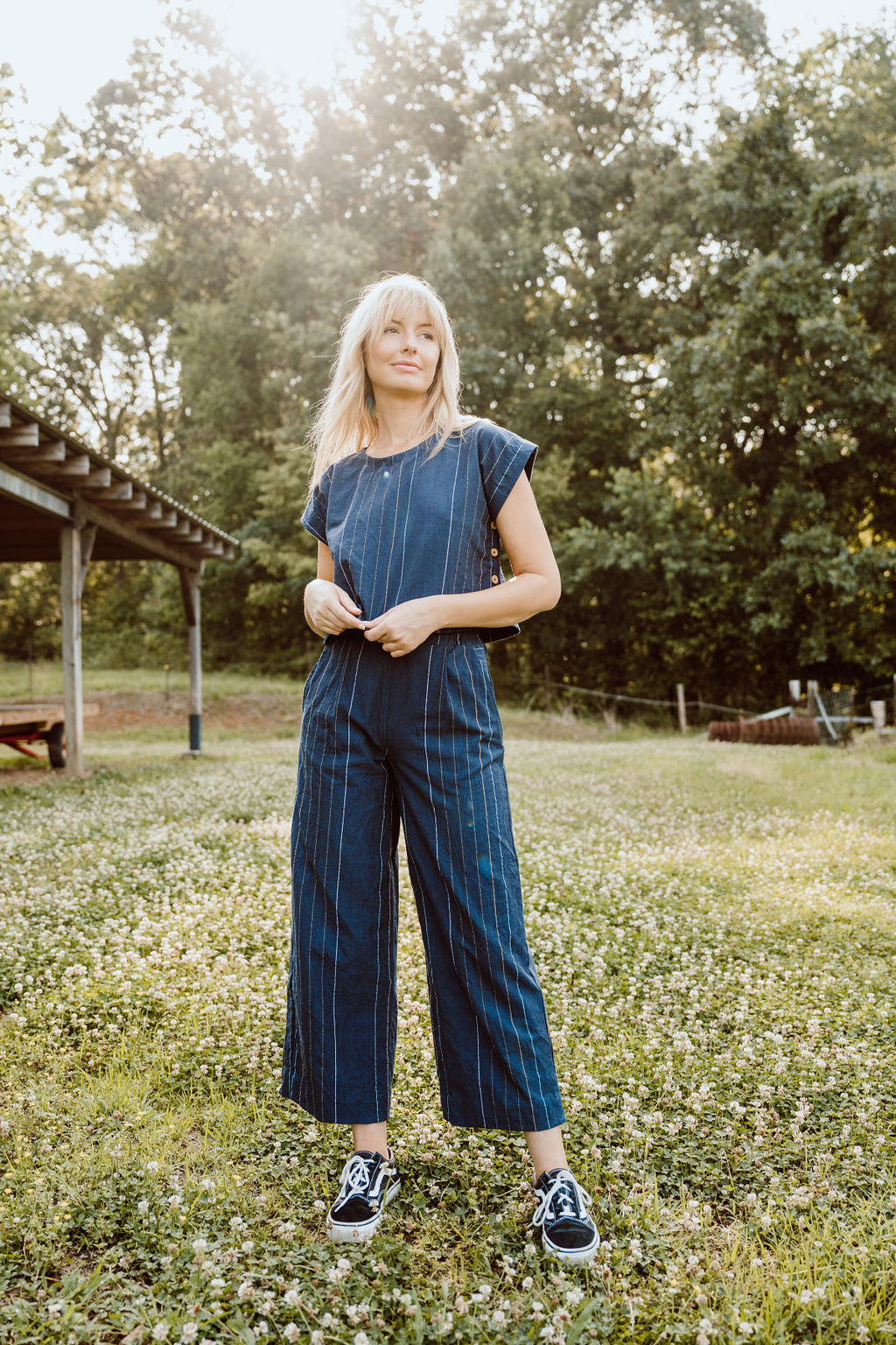 Katie Handwoven Cotton Set in Navy Pin Stripe - Pants in Multiple Sizes and XXL Set Left
