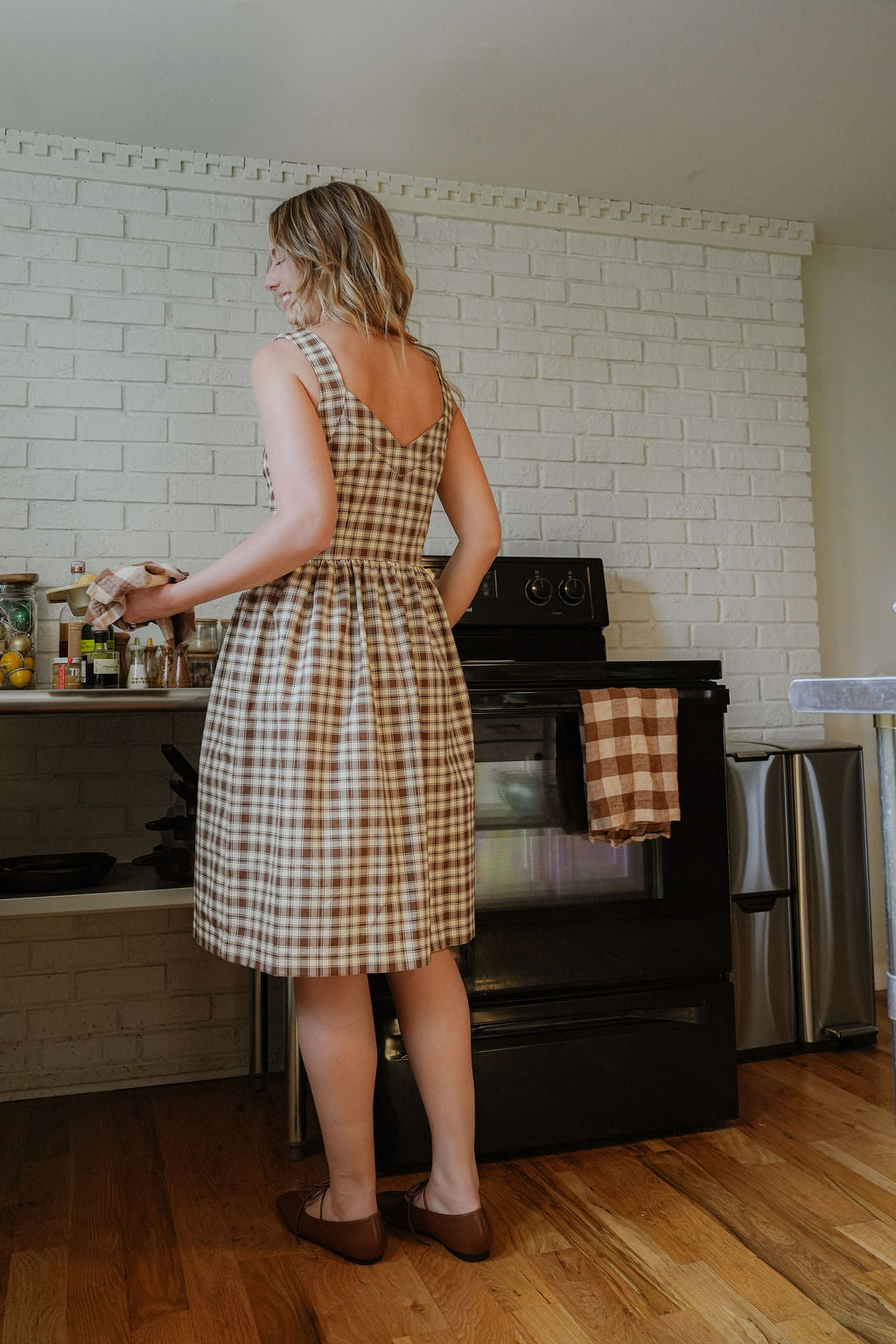 Mia Linen Dress in Brown and Cream Cotton