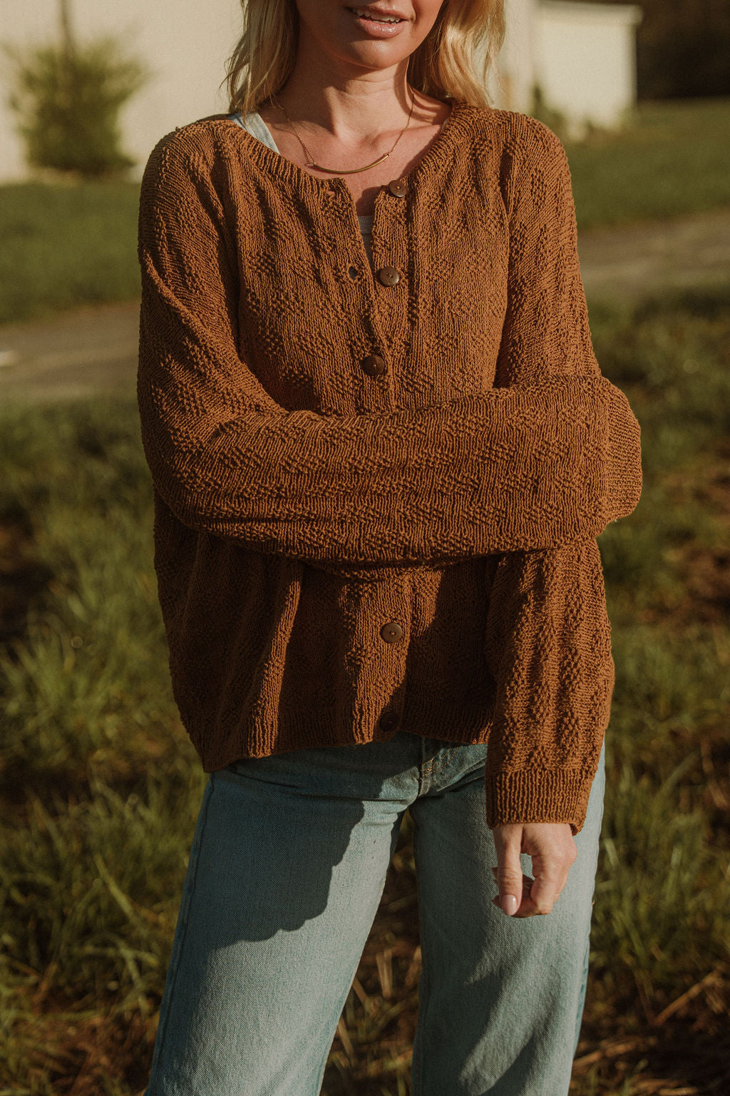 Liza Textured Knit Cotton Cardigan in Caramel Made to Order