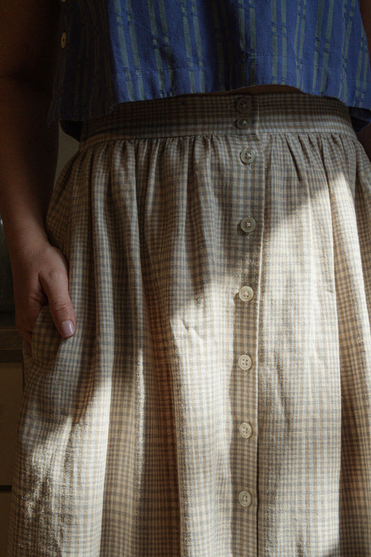 Perry Gathered Midi Skirt in Cream Linen Plaid