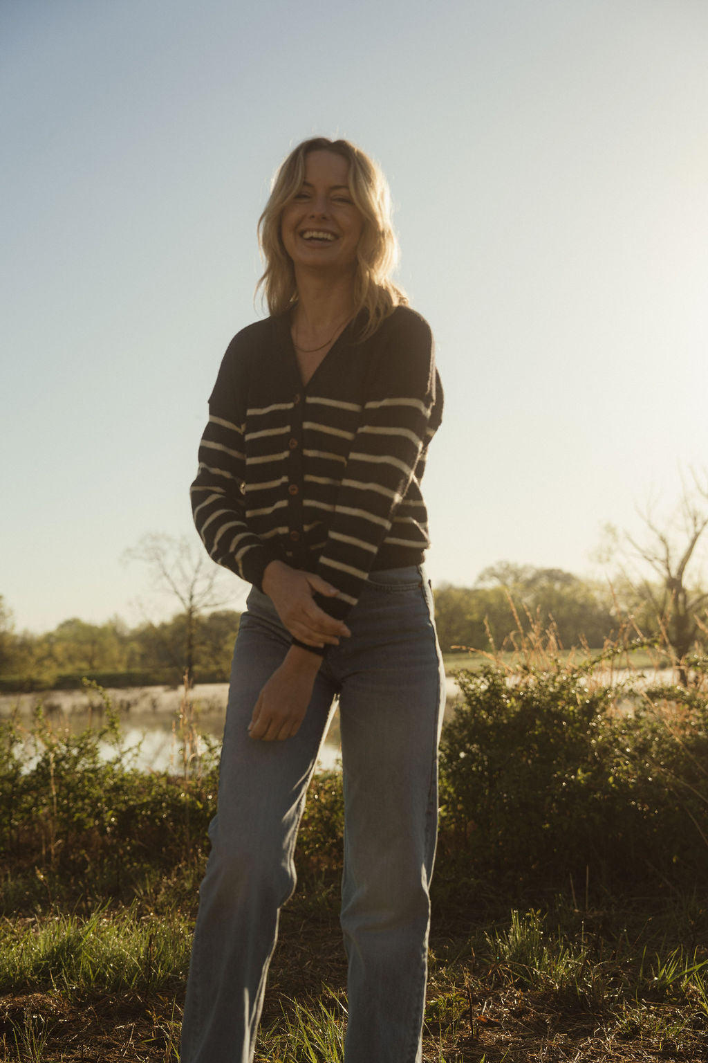 Alpaca Robbi Cardigan Sweater in Navy and White Stripe Made to Order