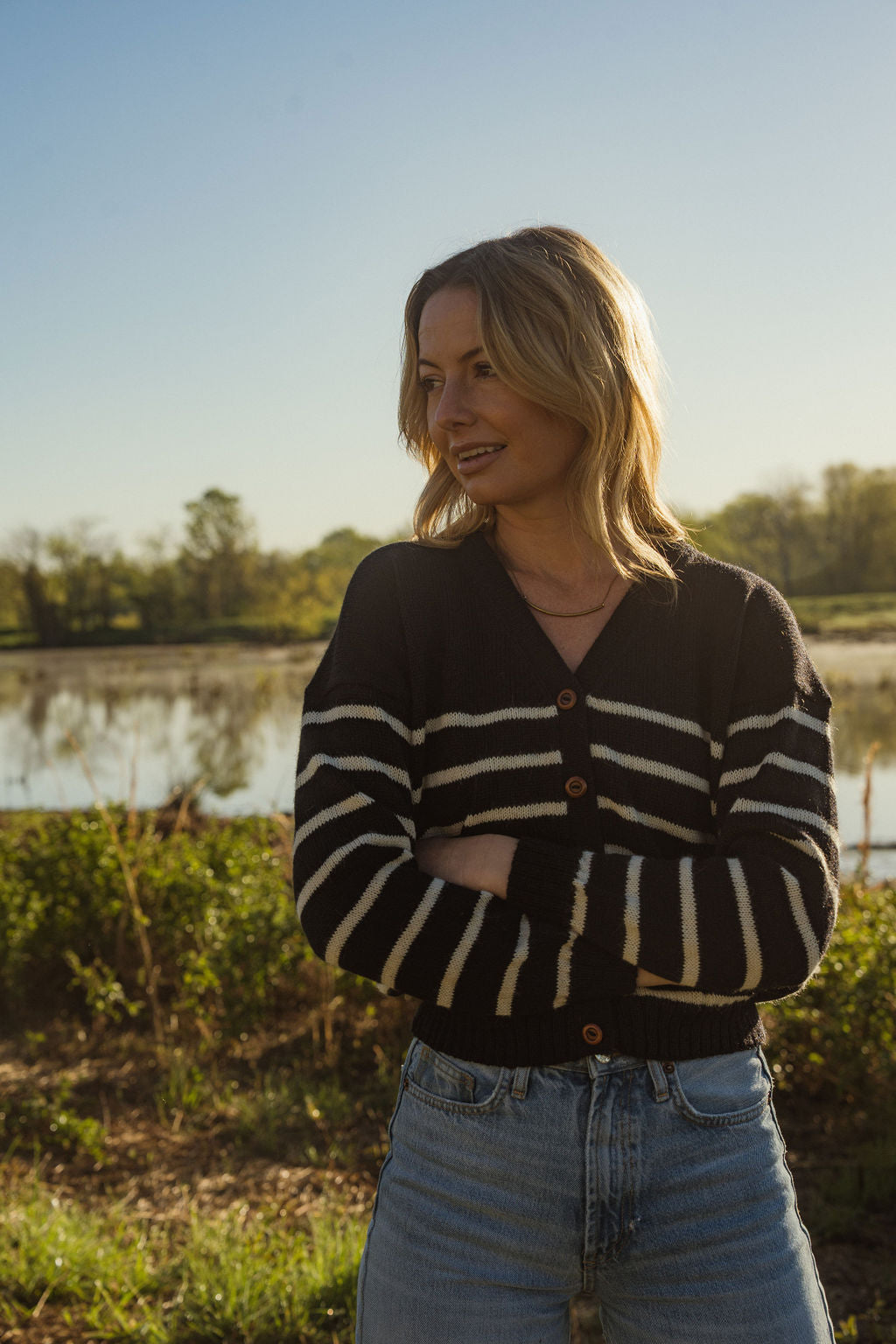 Alpaca Robbi Cardigan Sweater in Navy and White Stripe Made to Order