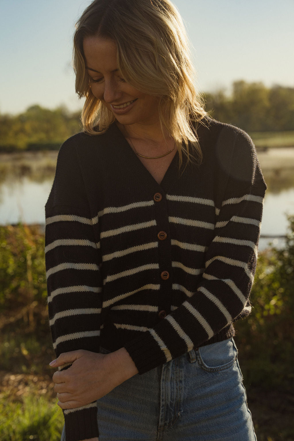 Alpaca Robbi Cardigan Sweater in Navy and White Stripe Made to Order