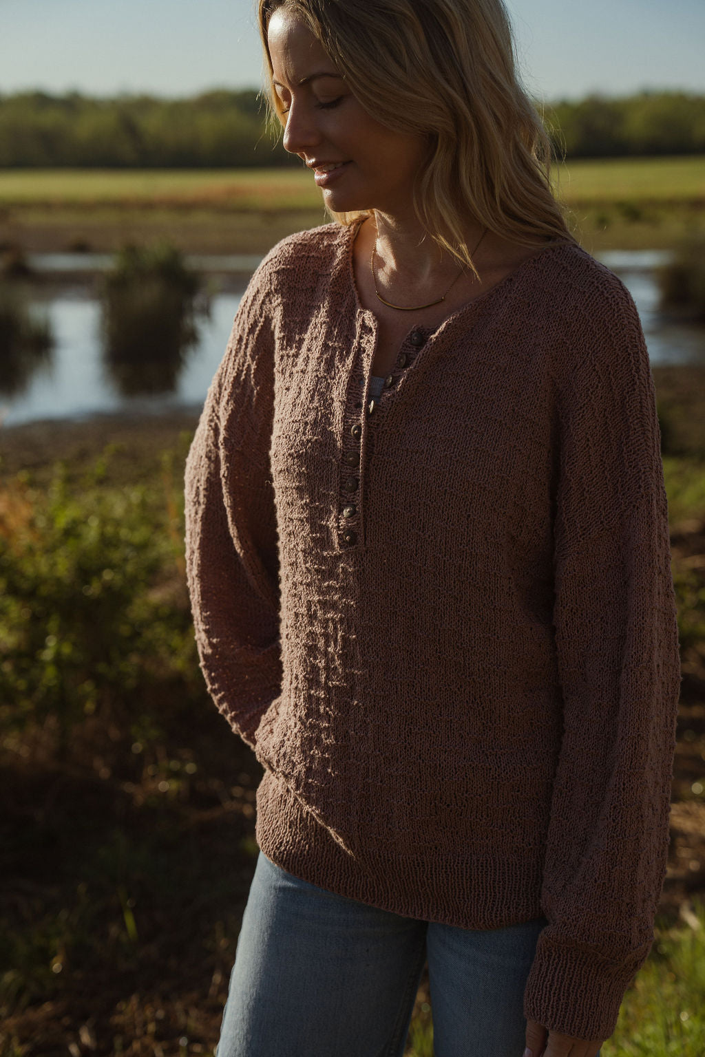 Mindy Textured Knit Henley in Dusty Rose Made to Order