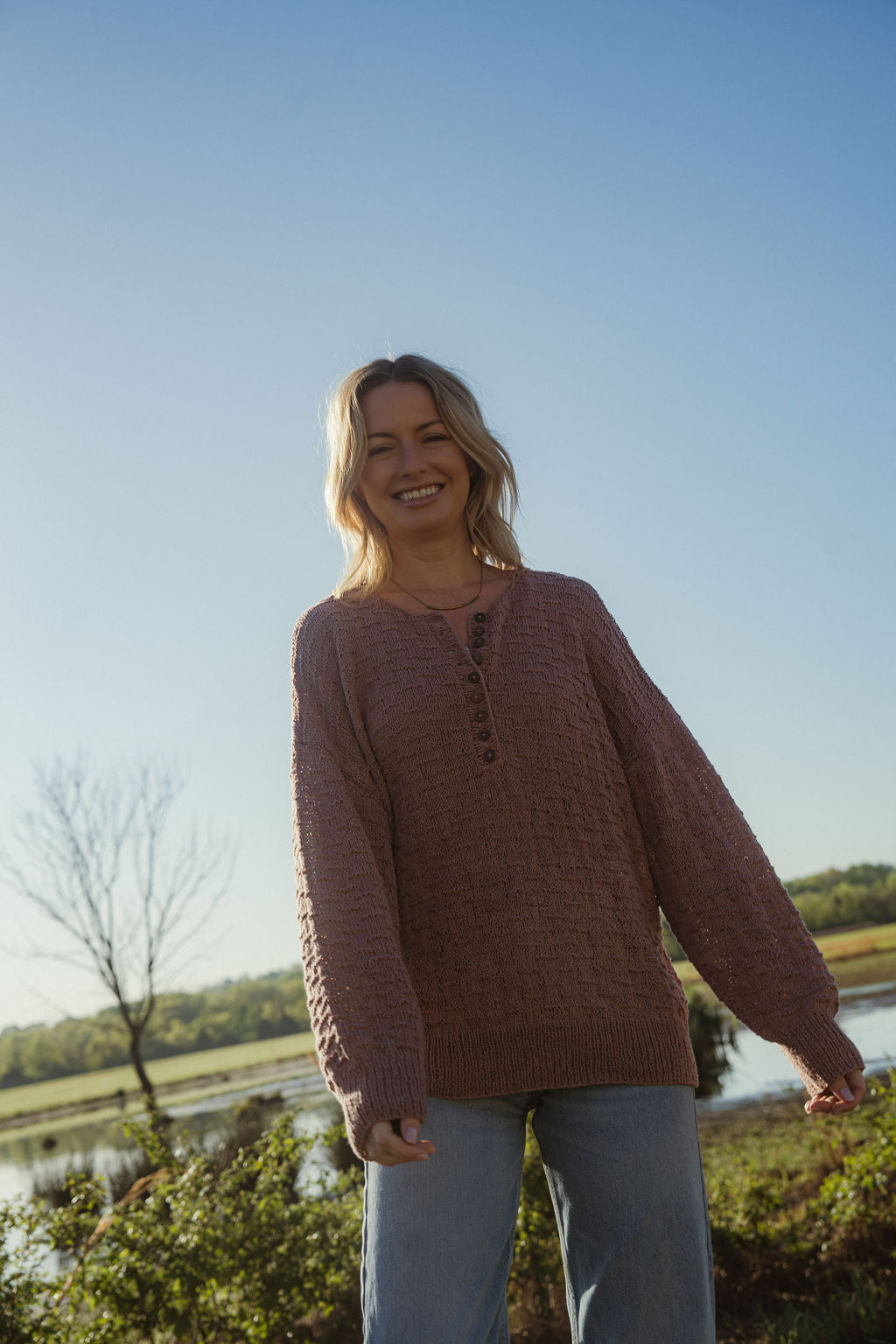 Mindy Textured Knit Henley in Dusty Rose Made to Order