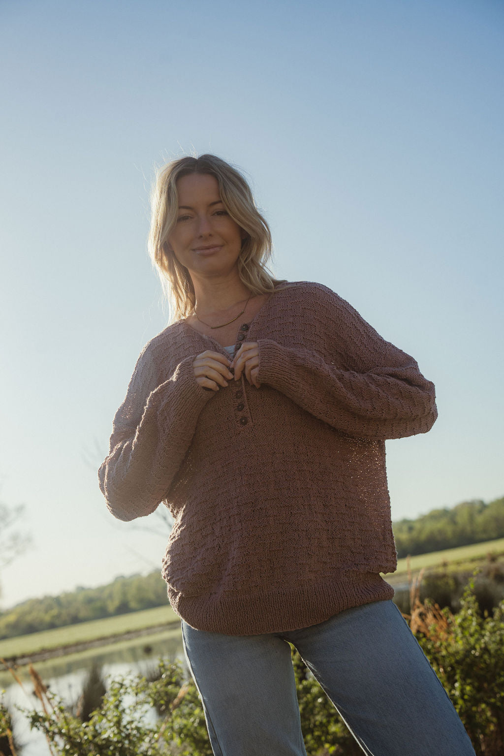 Mindy Textured Knit Henley in Dusty Rose Made to Order