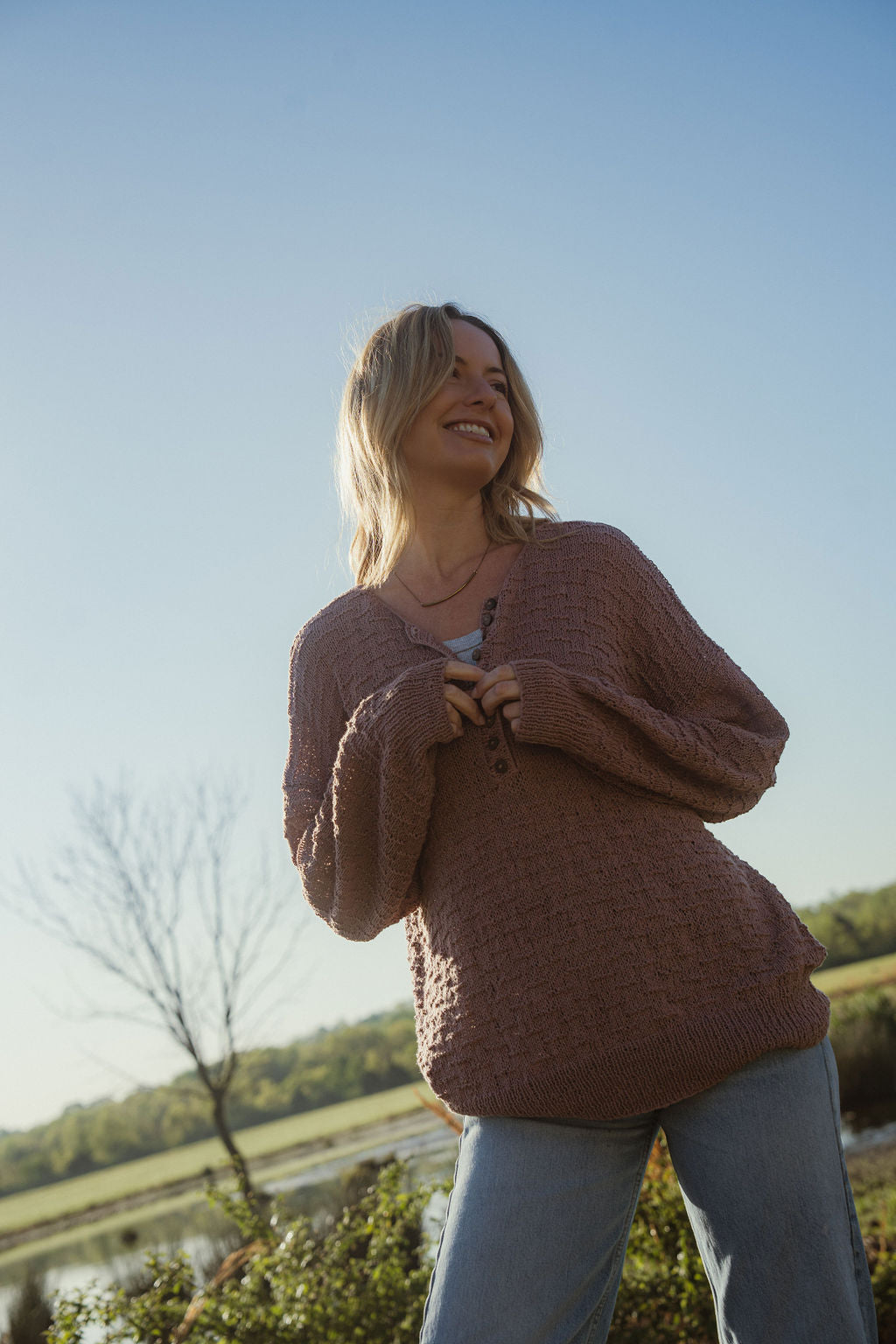 Mindy Textured Knit Henley in Dusty Rose Made to Order