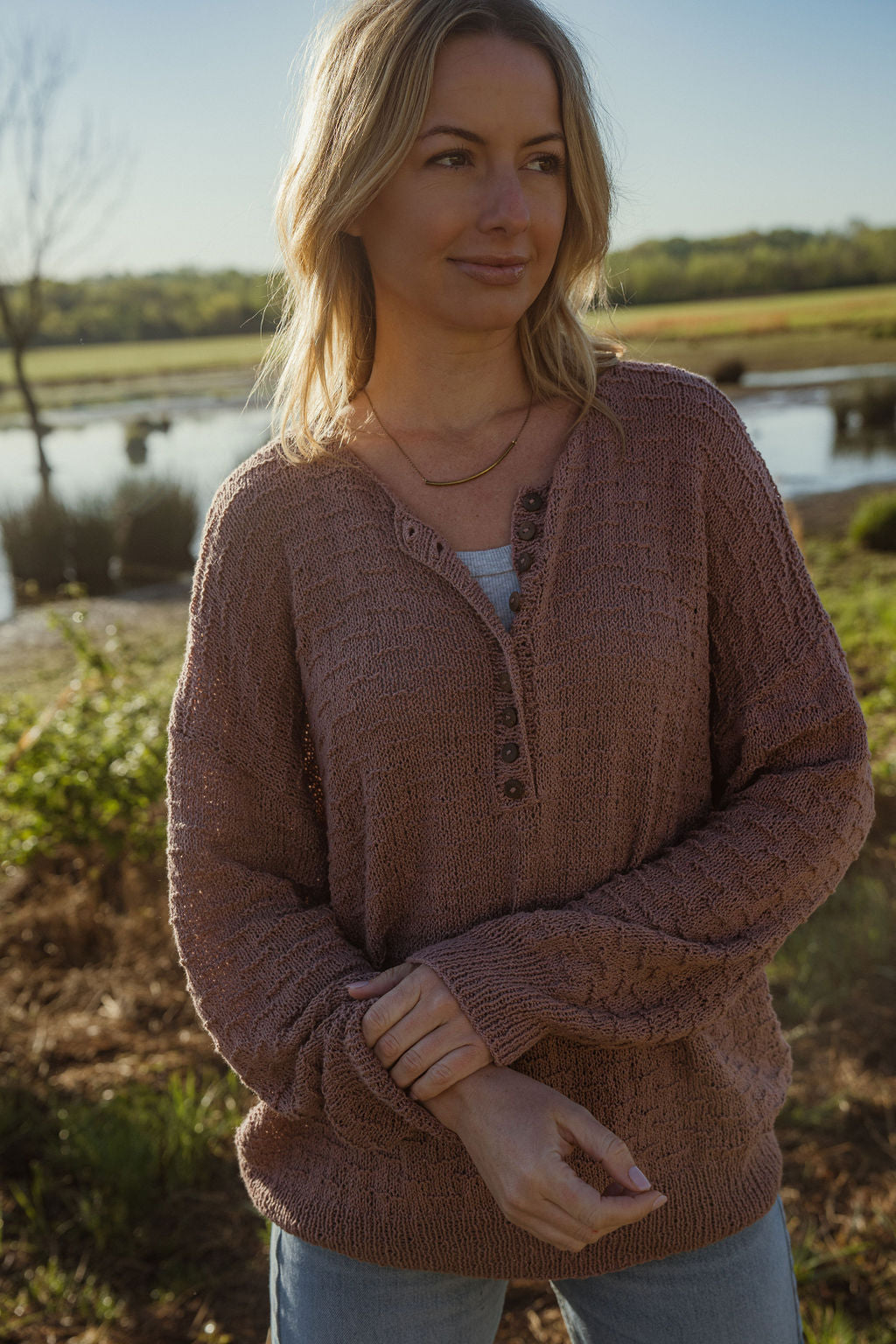 Mindy Textured Knit Henley in Dusty Rose Made to Order