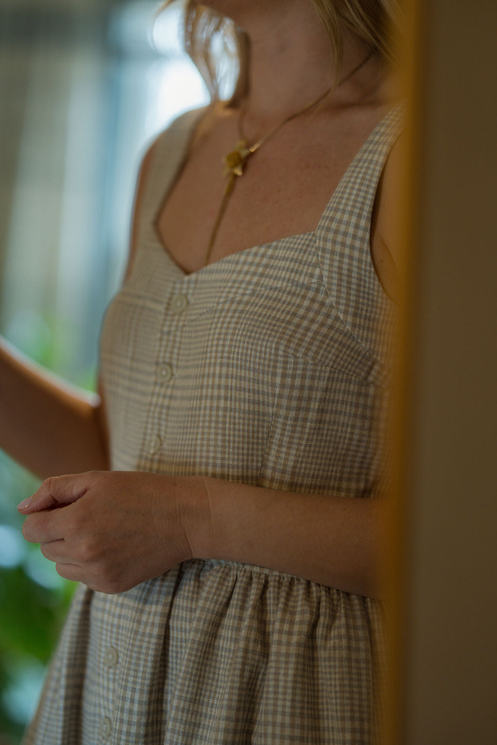 Mia Linen Dress in Cream Plaid Linen