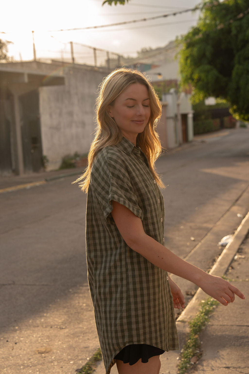 Paige Handwoven Cotton Relaxed Shirt Dress in Green Gingham