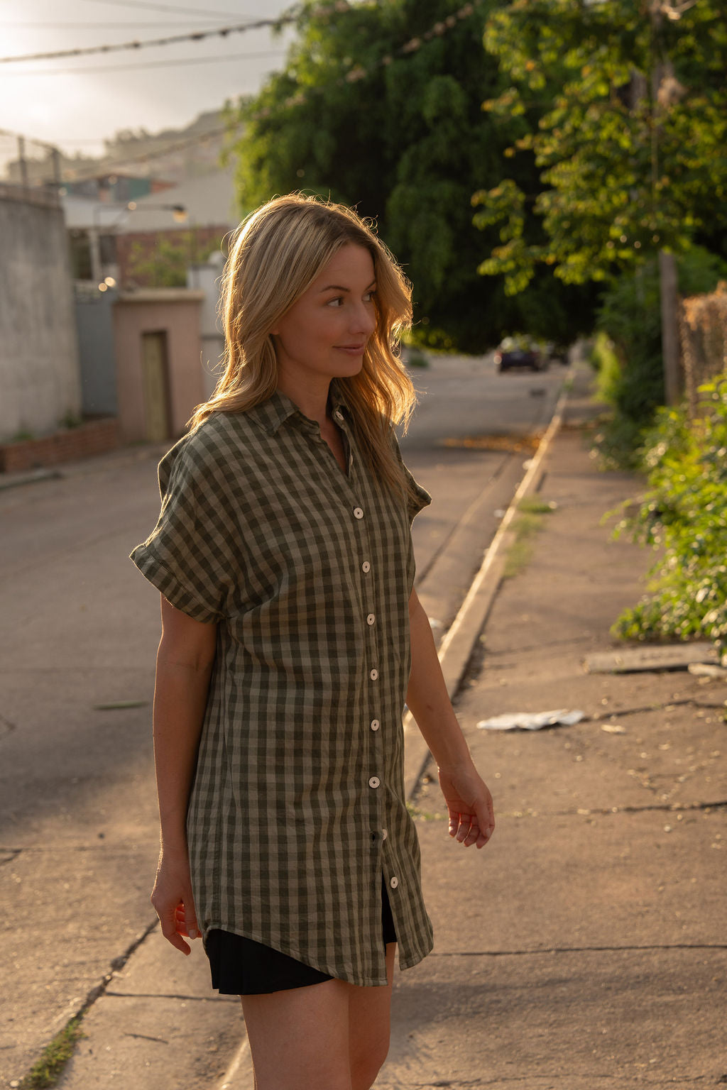 Paige Handwoven Cotton Relaxed Shirt Dress in Green Gingham