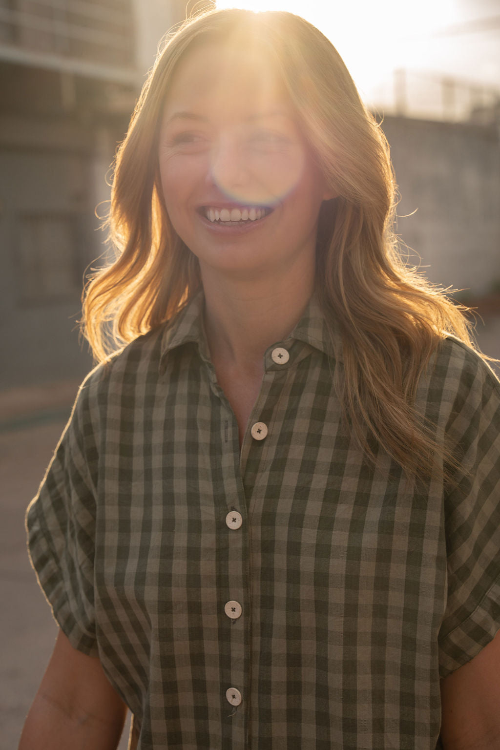 Paige Handwoven Cotton Relaxed Shirt Dress in Green Gingham