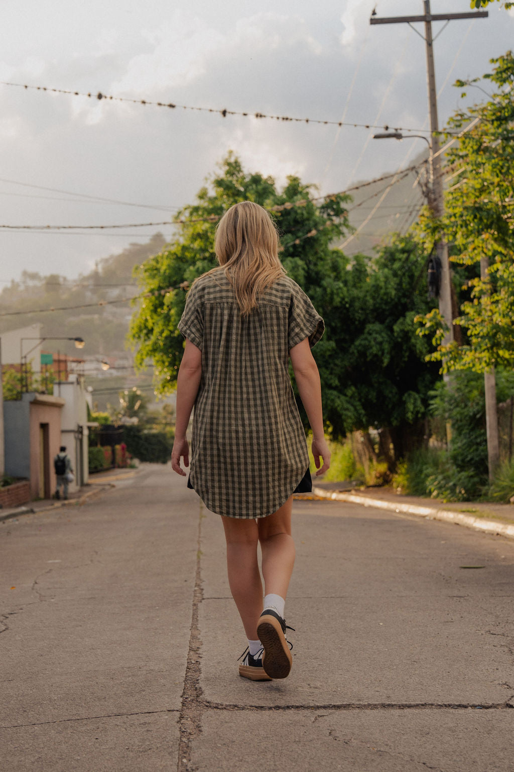 Paige Handwoven Cotton Relaxed Shirt Dress in Green Gingham