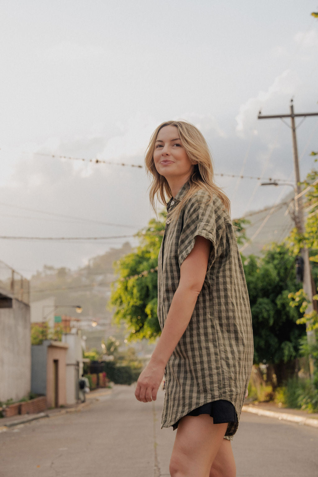 Paige Handwoven Cotton Relaxed Shirt Dress in Green Gingham