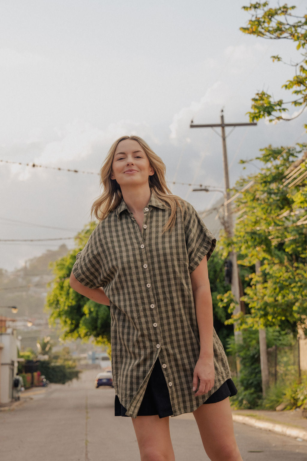 Paige Handwoven Cotton Relaxed Shirt Dress in Green Gingham
