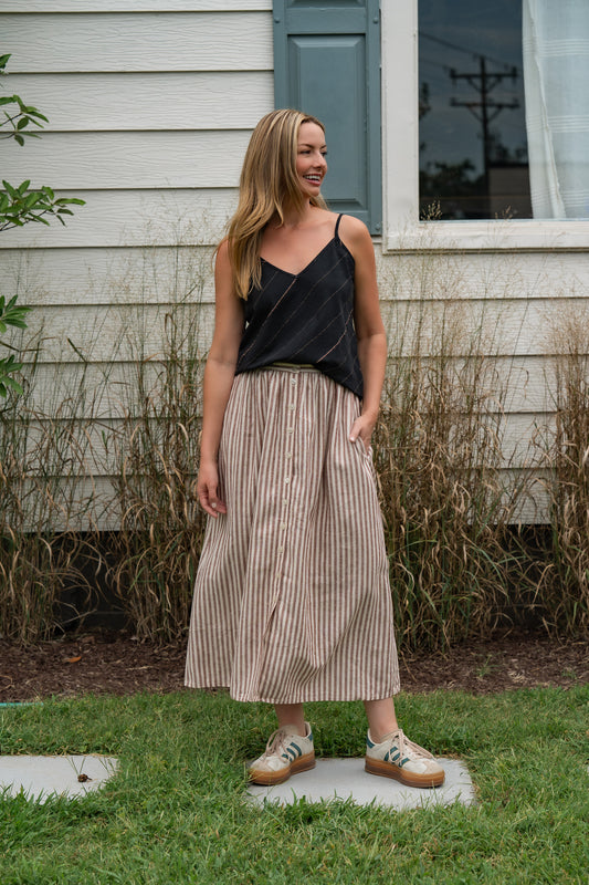 Bias Cut Tank in Black Handwoven Cotton