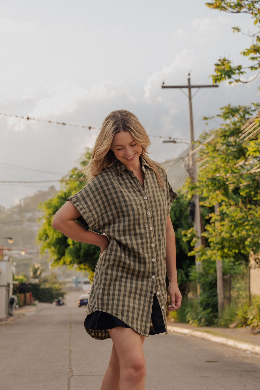 Paige Handwoven Cotton Relaxed Shirt Dress in Green Gingham