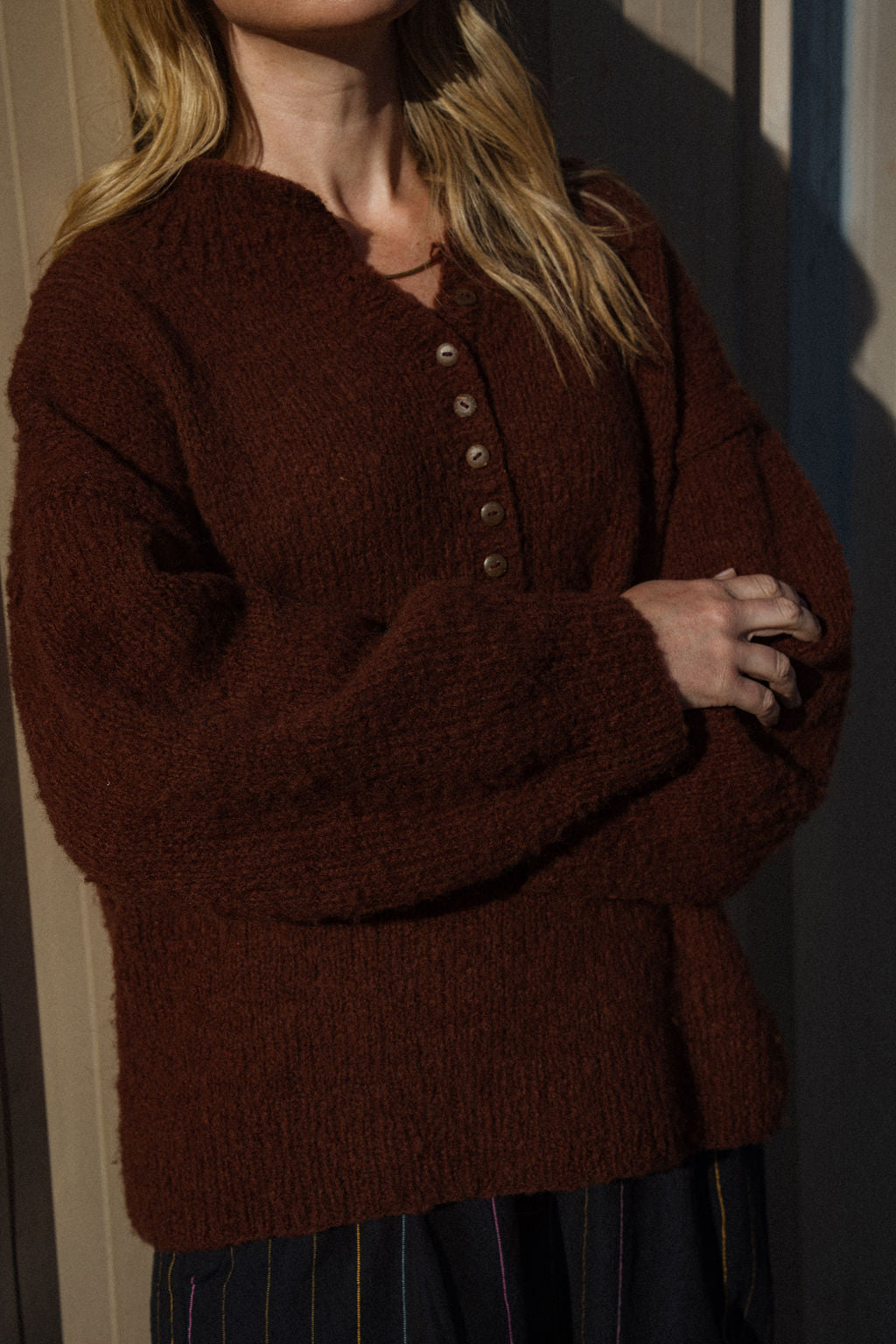 Edith Mohair Pullover Henley Sweater in Rust Brown Made to Order