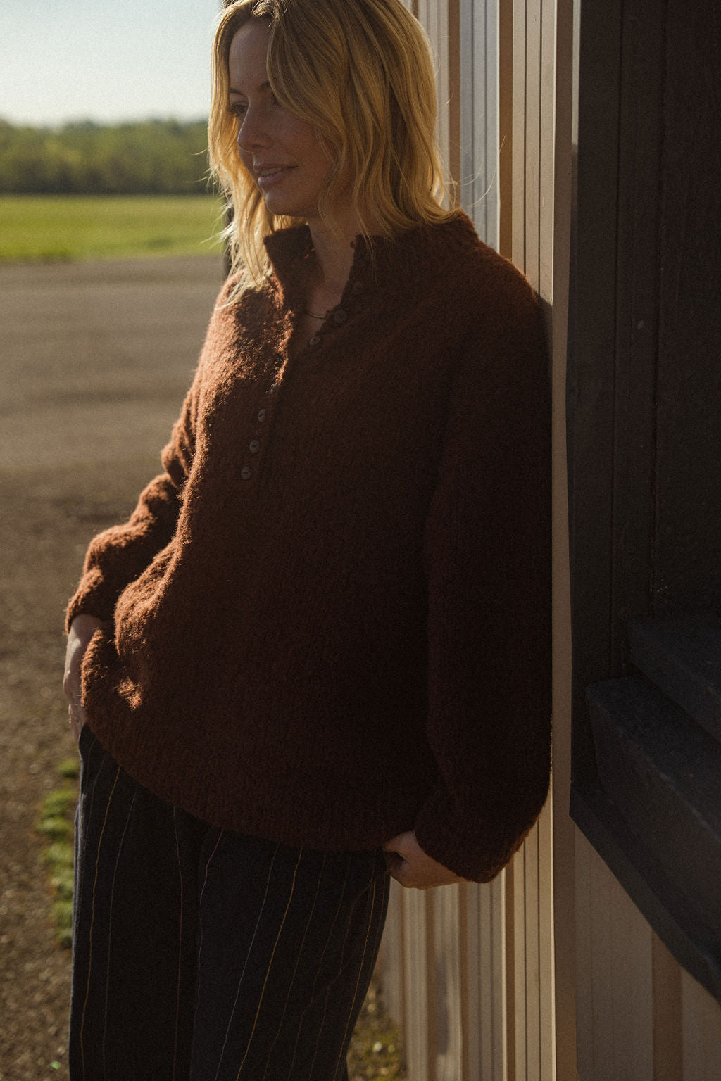 Edith Mohair Pullover Henley Sweater in Rust Brown Made to Order