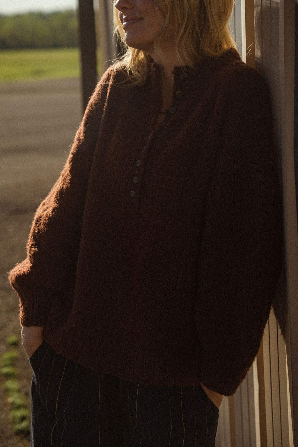 Edith Mohair Pullover Henley Sweater in Rust Brown Made to Order