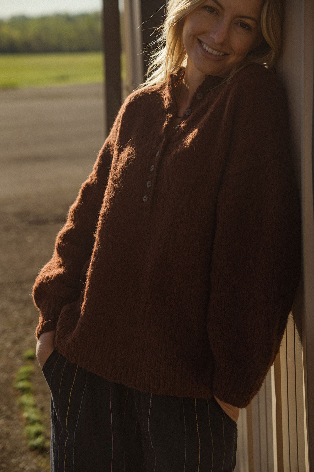 Edith Mohair Pullover Henley Sweater in Rust Brown Made to Order