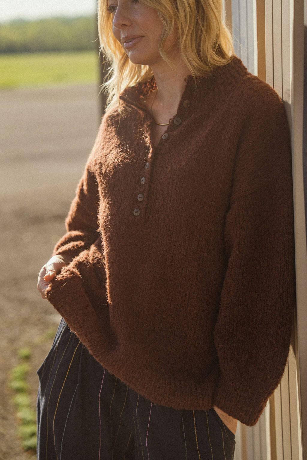 Edith Mohair Pullover Henley Sweater in Rust Brown Made to Order