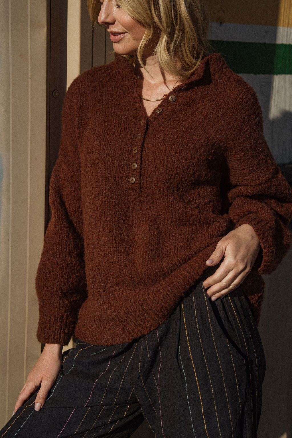 Edith Mohair Pullover Henley Sweater in Rust Brown Made to Order