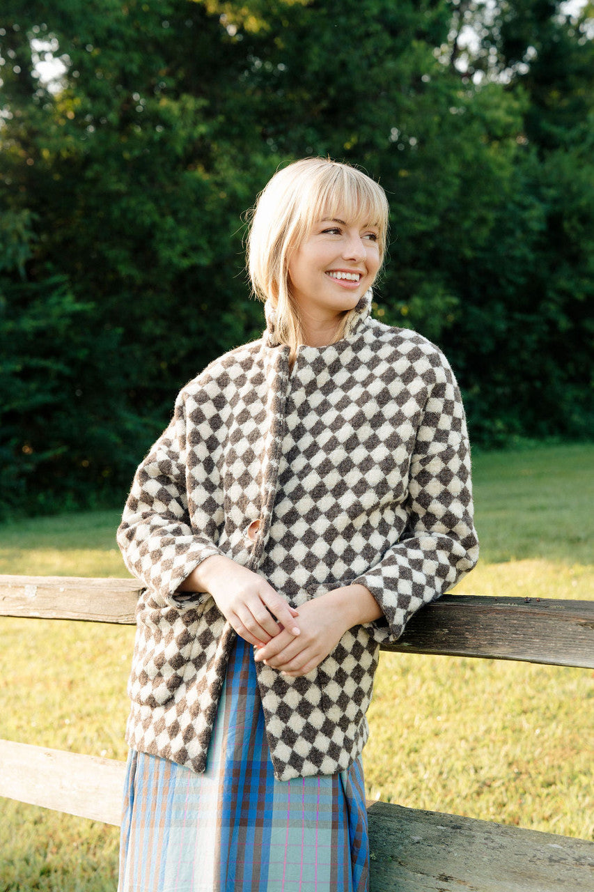 Portuguese Wool Pieper Coat in Brown and Cream Check Made to Order