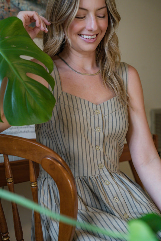 Mia Linen Dress in Tan and Black Stripe Cotton