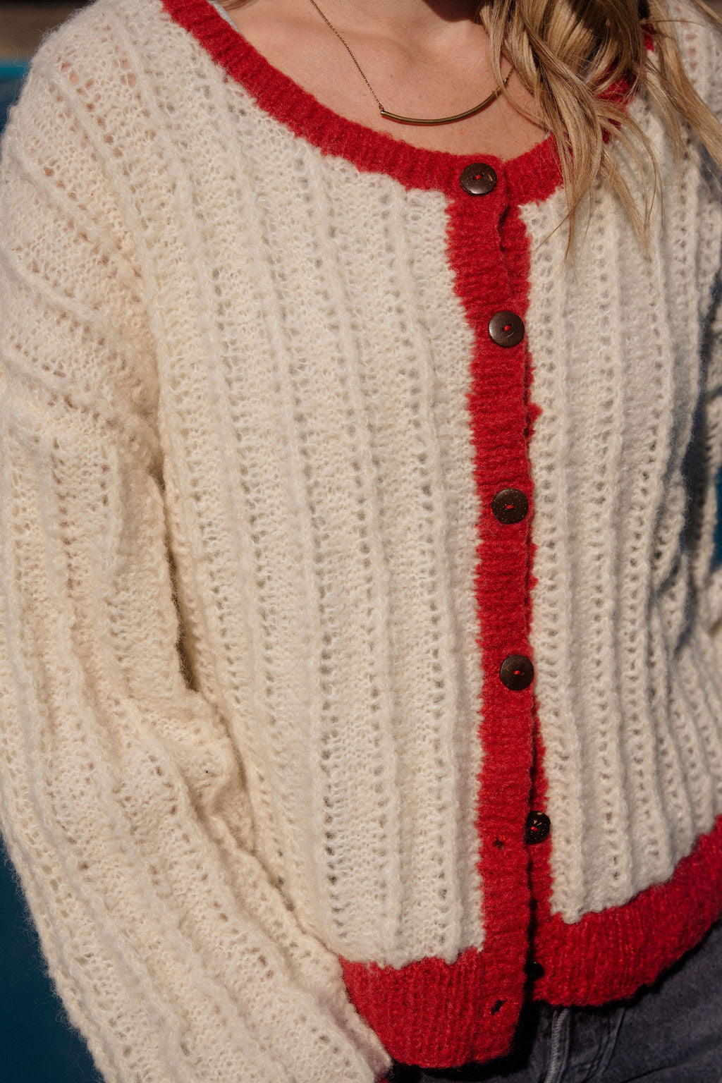 Agnes Mohair Cardigan in Natural White and Red Made to Order