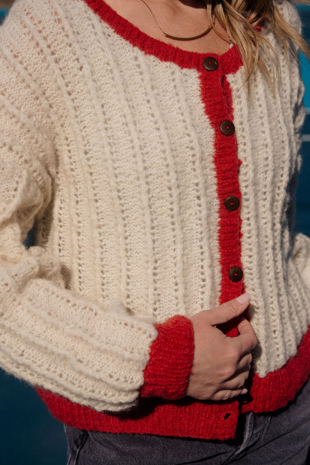 Agnes Mohair Cardigan in Natural White and Red Made to Order