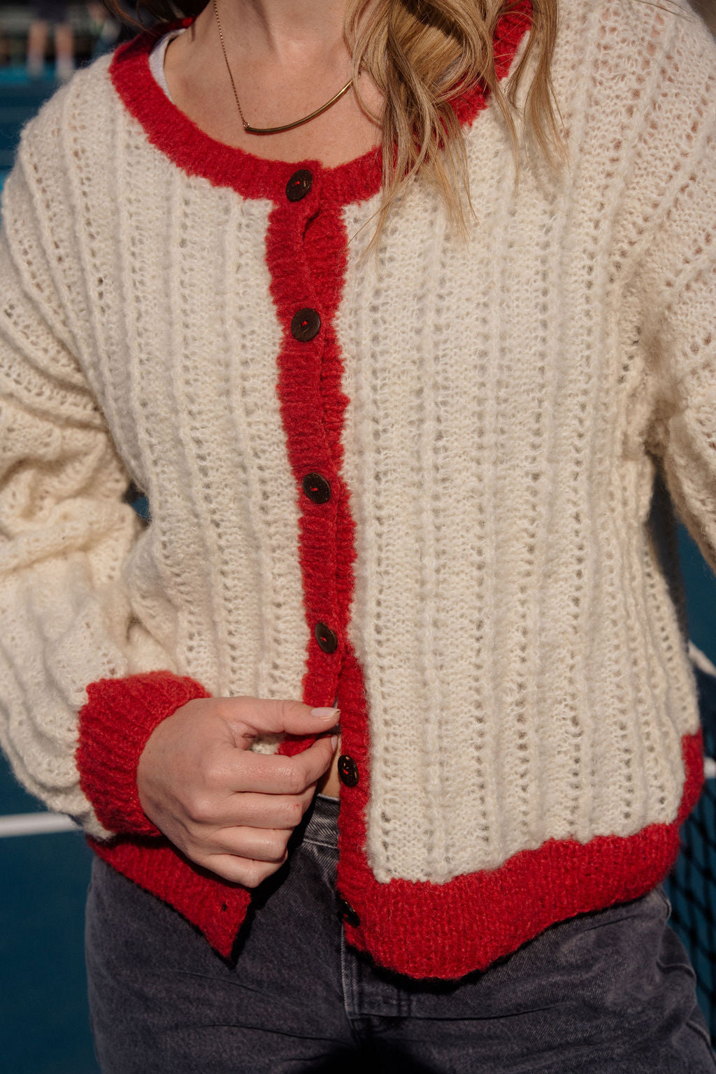 Agnes Mohair Cardigan in Natural White and Red Made to Order