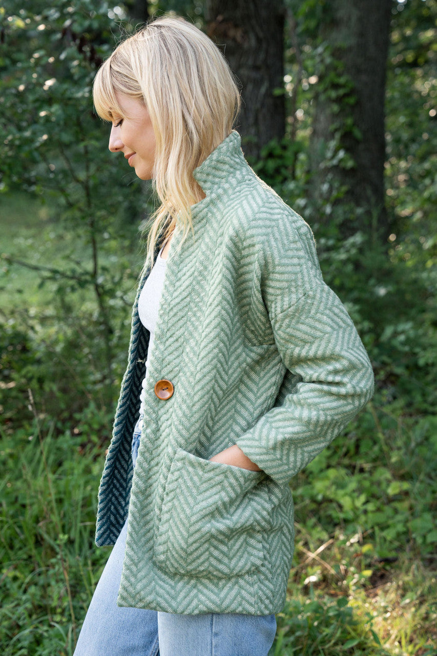 Portuguese Wool Pieper Coat in Mint Herringbone Made to Order