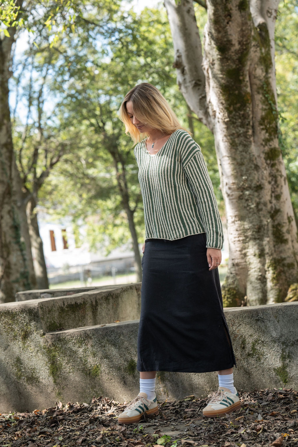 Finn V-Neck Cotton Sweater in Sage and Cream Made to Order