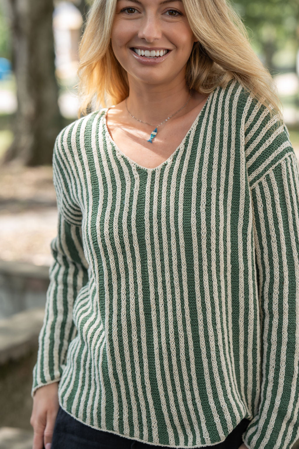 Finn V-Neck Cotton Sweater in Sage and Cream Made to Order