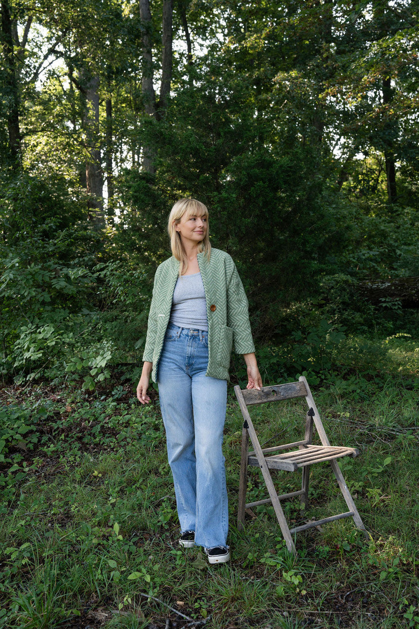 Portuguese Wool Pieper Coat in Mint Herringbone Made to Order