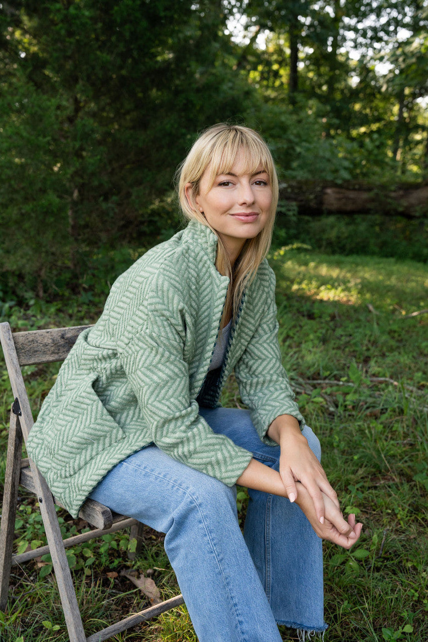 Portuguese Wool Pieper Coat in Mint Herringbone Made to Order