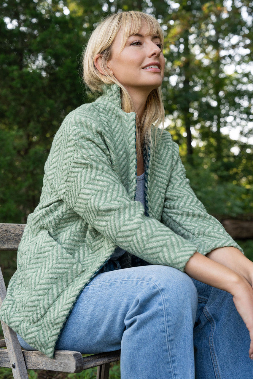 Portuguese Wool Pieper Coat in Mint Herringbone Made to Order