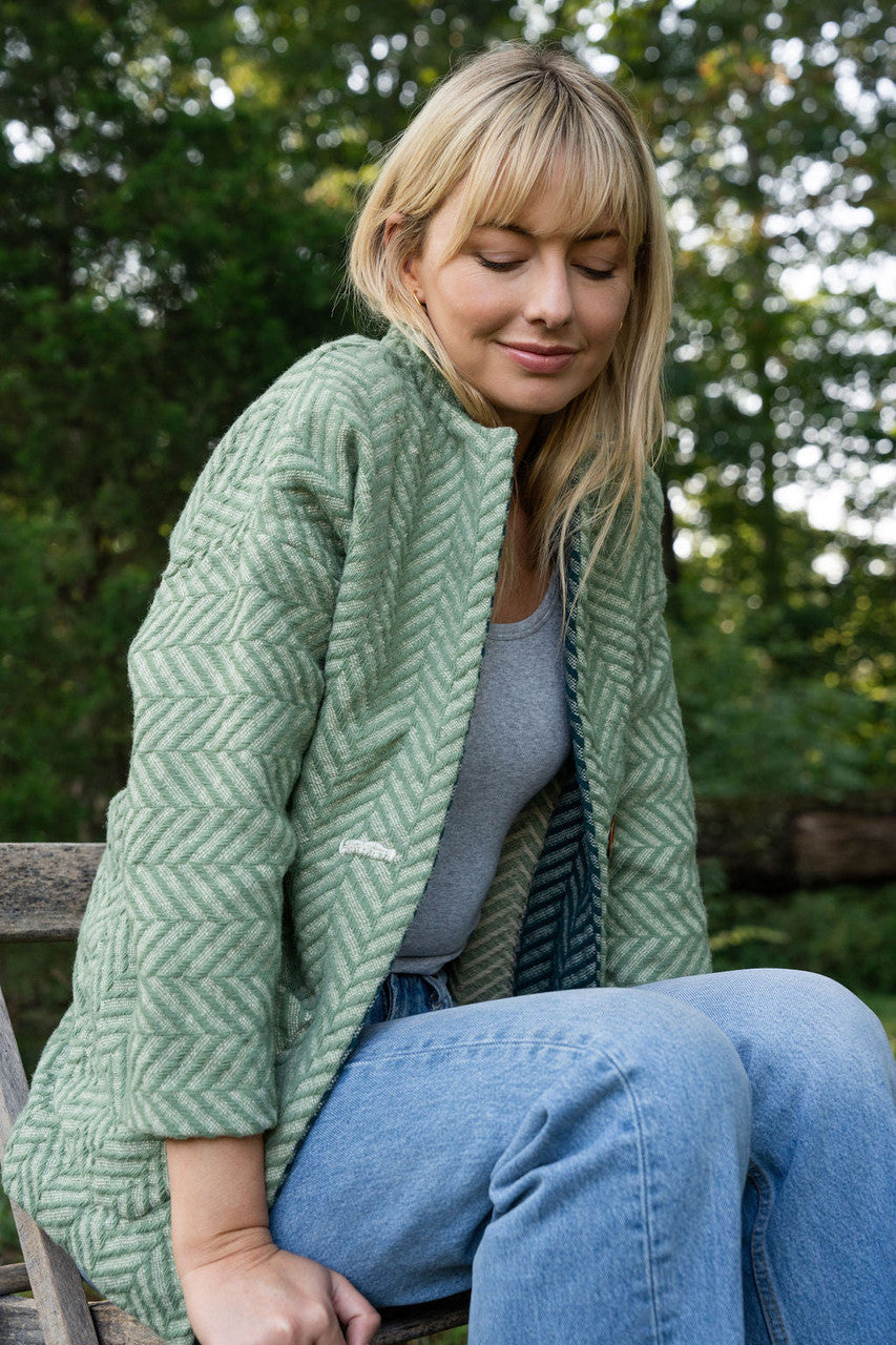 Portuguese Wool Pieper Coat in Mint Herringbone Made to Order