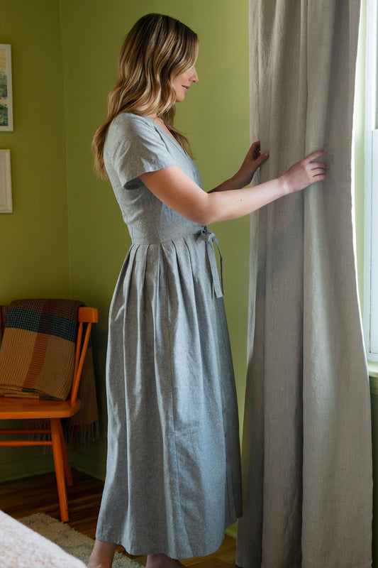 June Dress in Green/Grey Chambray