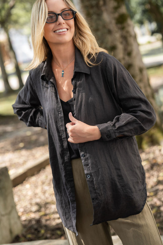 Button-Up Shirt in Black Linen Made to Order
