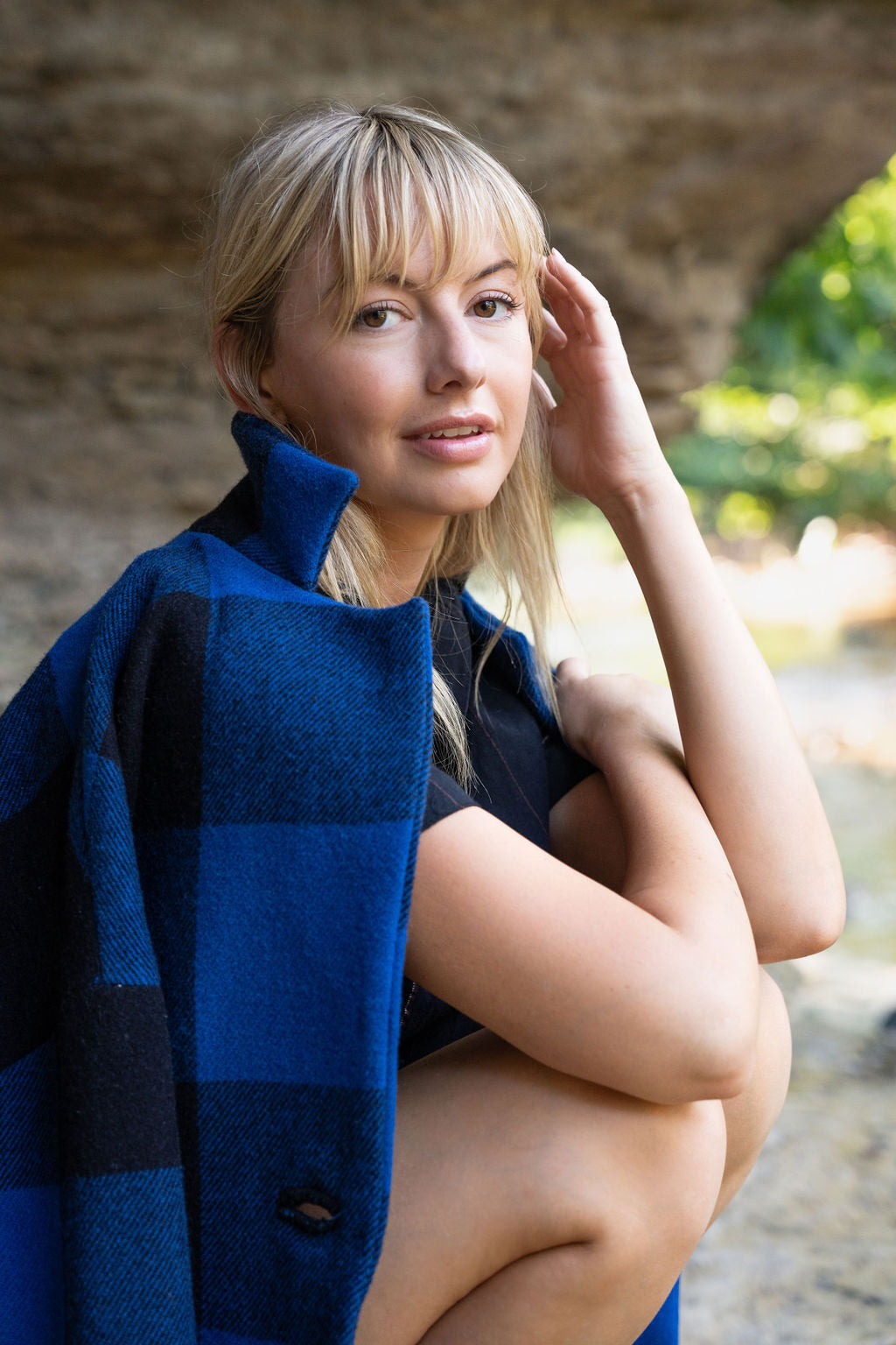 Portuguese Wool Pieper Coat in Cobalt and Black Plaid Made to Order