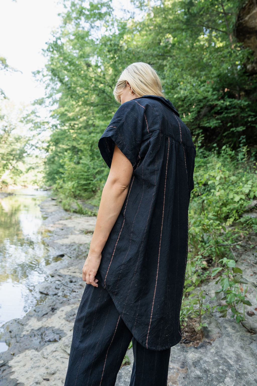 Paige Handwoven Cotton Relaxed Shirt Dress in Black Made to Order