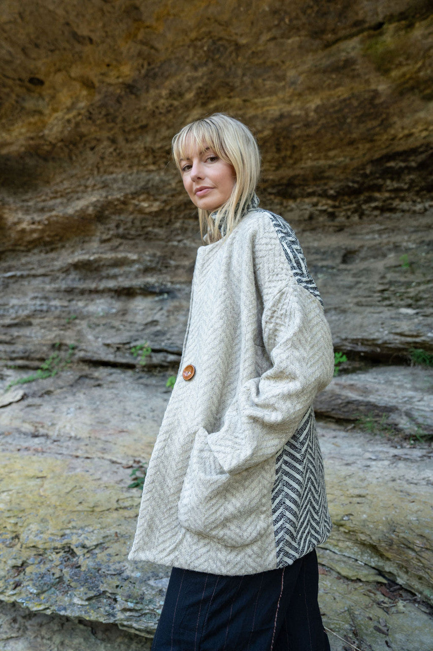 Portuguese Wool Pieper Coat in Neutral Mix-Match Herringbone Made to Order