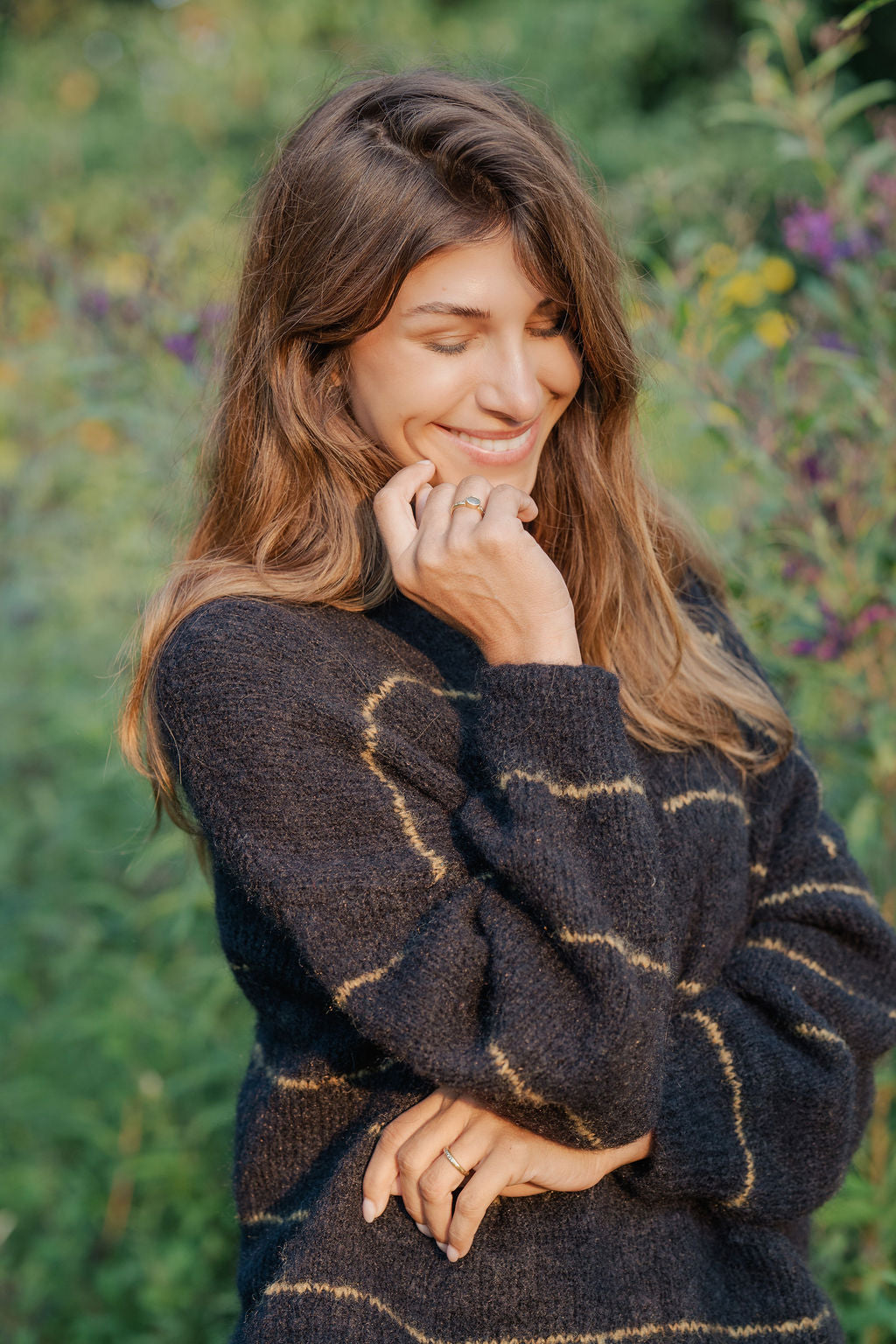 Edith Mohair Pullover Henley Sweater in Black and Moss Stripe Made to Order