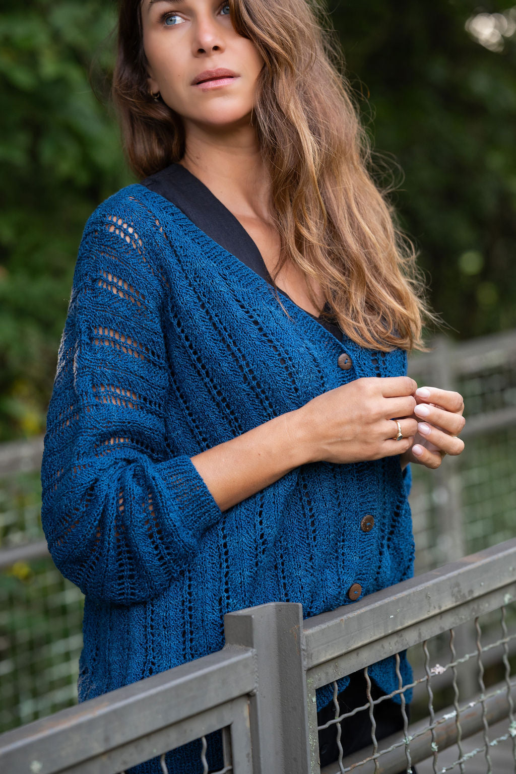 Trish Lace Cotton Sweater in Emerald Blue Made to Order