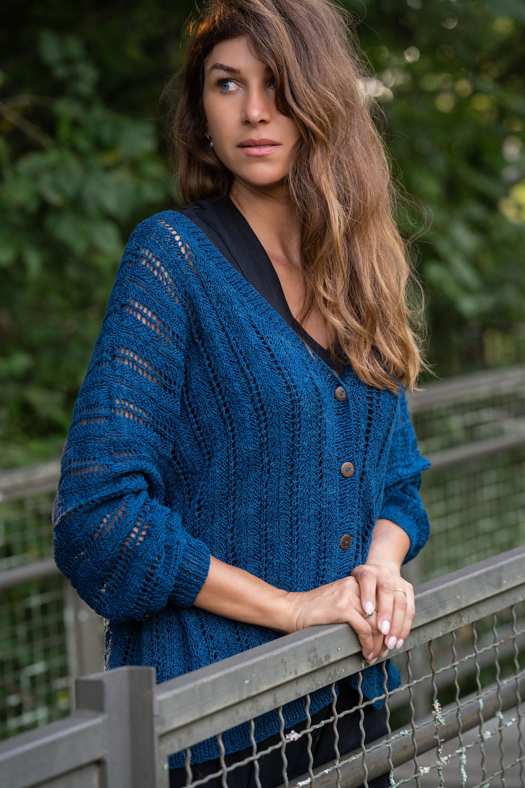 Trish Lace Cotton Sweater in Emerald Blue Made to Order