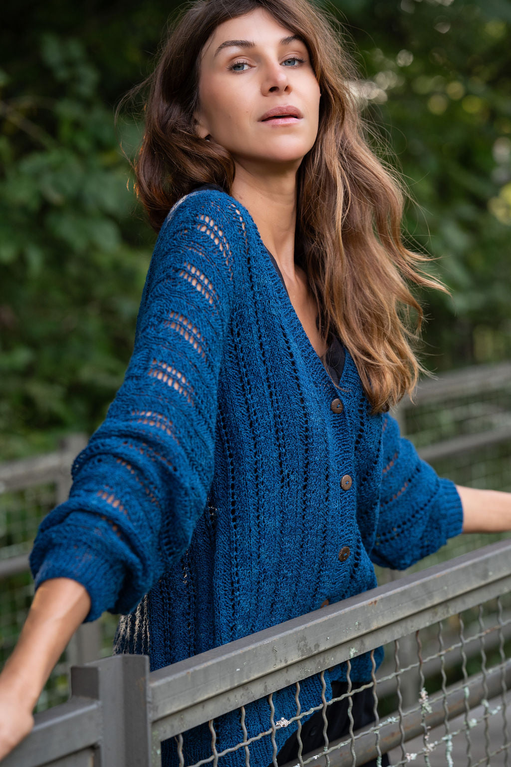 Trish Lace Cotton Sweater in Emerald Blue Made to Order