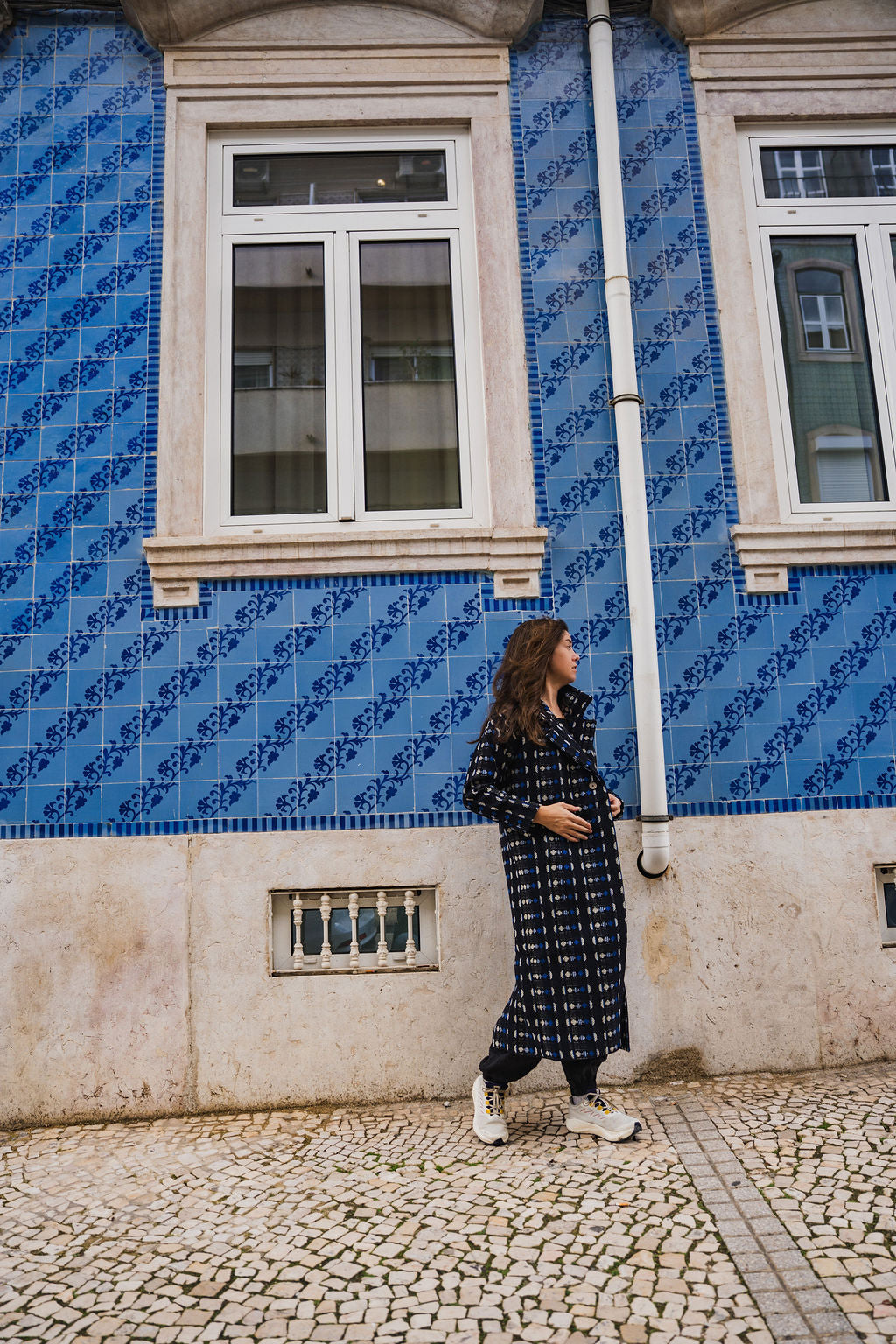 Portuguese Wool Polly Coat in Black and Cobalt Print Made to Order
