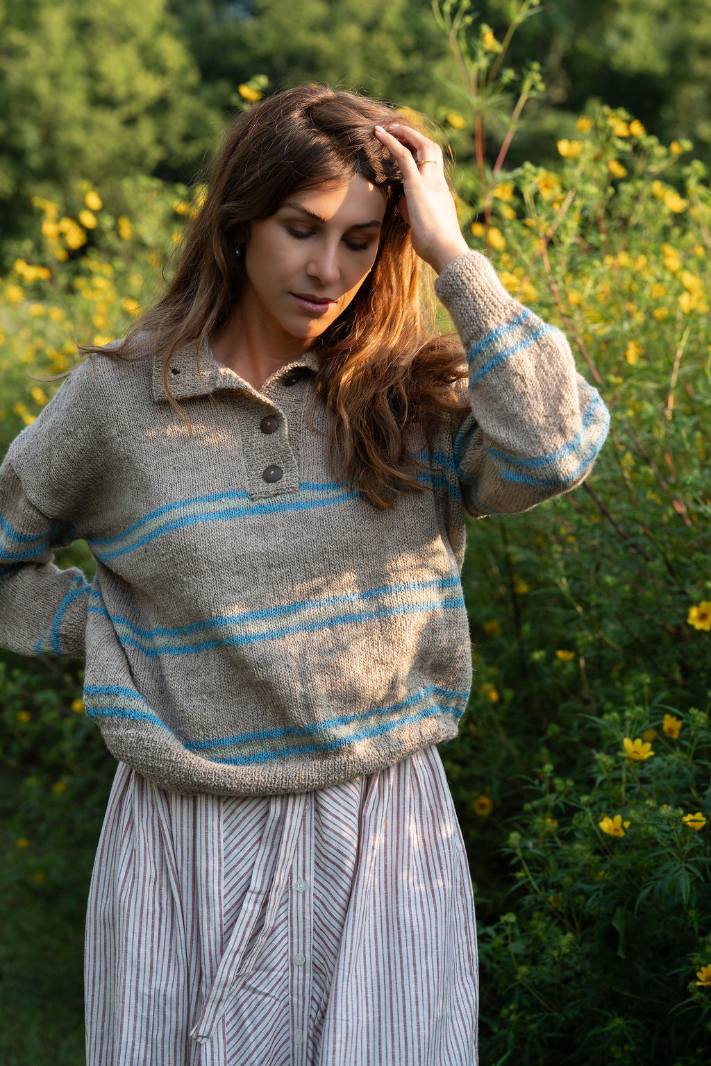 Imogene Oversized Wool Henley in Beige and Blue XS Sample